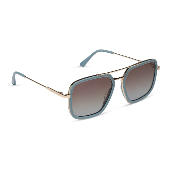 diff eyewear jordan navigator sunglasses with a dew drop and gold frame with cocoa powder to baby blue gradient lenses angled view