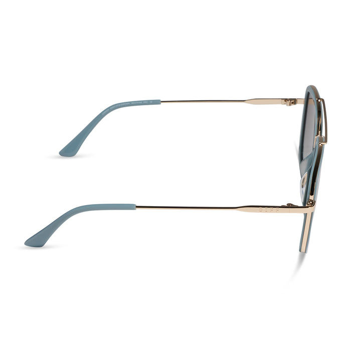 diff eyewear jordan navigator sunglasses with a dew drop and gold frame with cocoa powder to baby blue gradient lenses side view