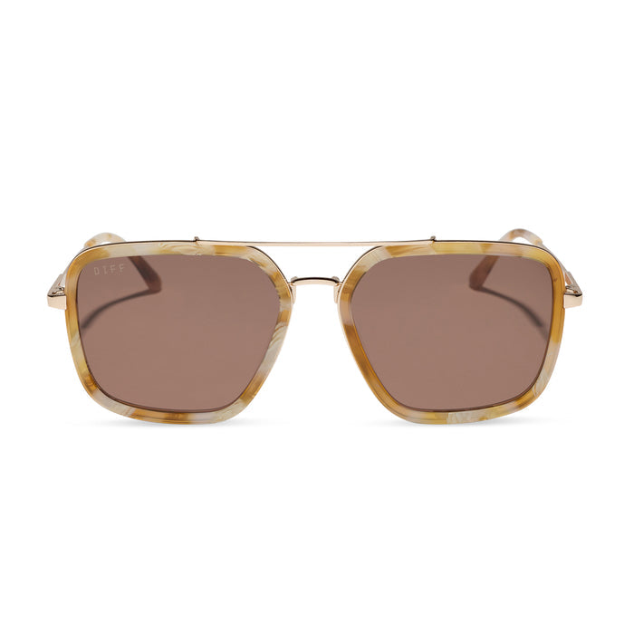 diff eyewear jordan navigator sunglasses with a gilded tortoise acetate and gold metal frame with a brown lens front view