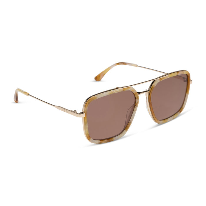 diff eyewear jordan navigator sunglasses with a gilded tortoise acetate and gold metal frame with a brown lens angled view