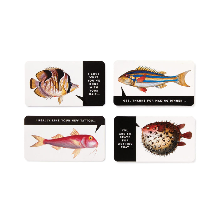 In the Judgy Fish Game by Brass Monkey, four illustrated fish exchange witty insults about hair, dinner, tattoos, and bravery. Each card pairs playful art with sassy remarks for a hilariously fun party game!.