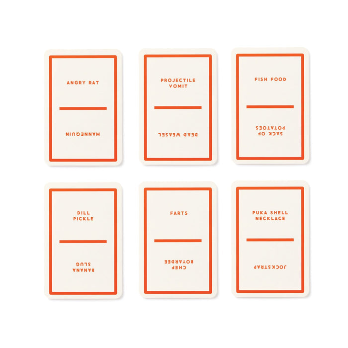 The Judgy Fish Game by Brass Monkey features six cards with orange borders and humorous phrases or insults like ANGRY RAT, PROJECTILE VOMIT, Judgy Fish, and DILL PICKLE, arranged in two rows of three for a hilarious party experience.