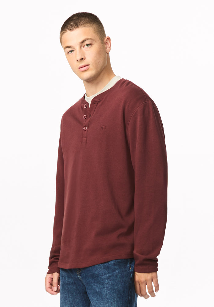 Kambo Men's Ribbed Long Sleeve Henley, Red Mahogany - BM24974