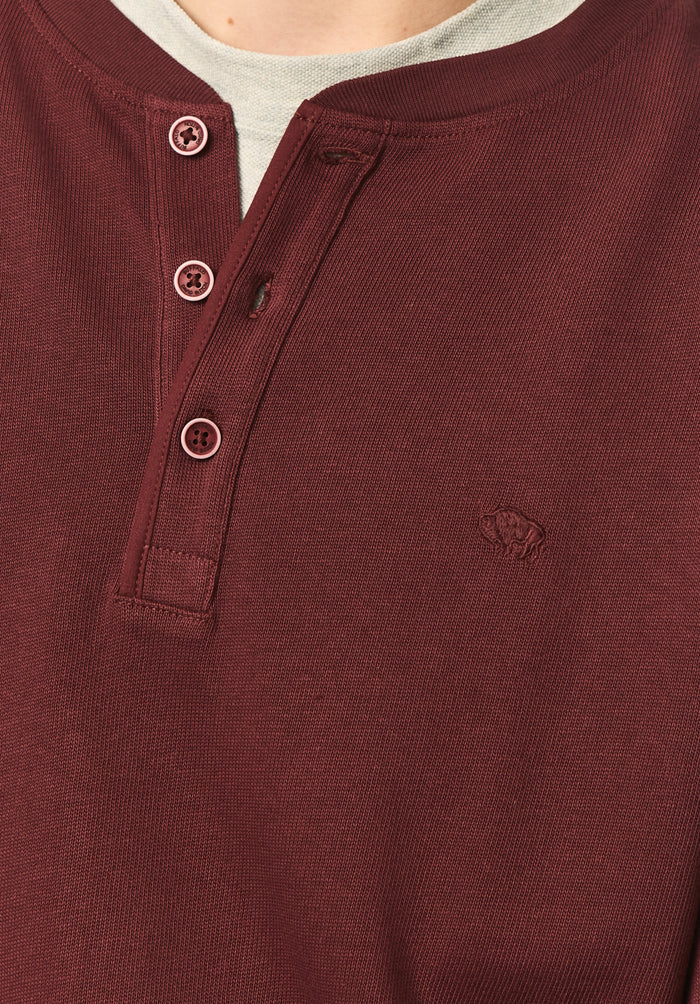 Kambo Men's Ribbed Long Sleeve Henley, Red Mahogany - BM24974