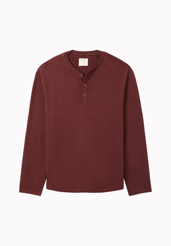 Kambo Men's Ribbed Long Sleeve Henley, Red Mahogany - BM24974