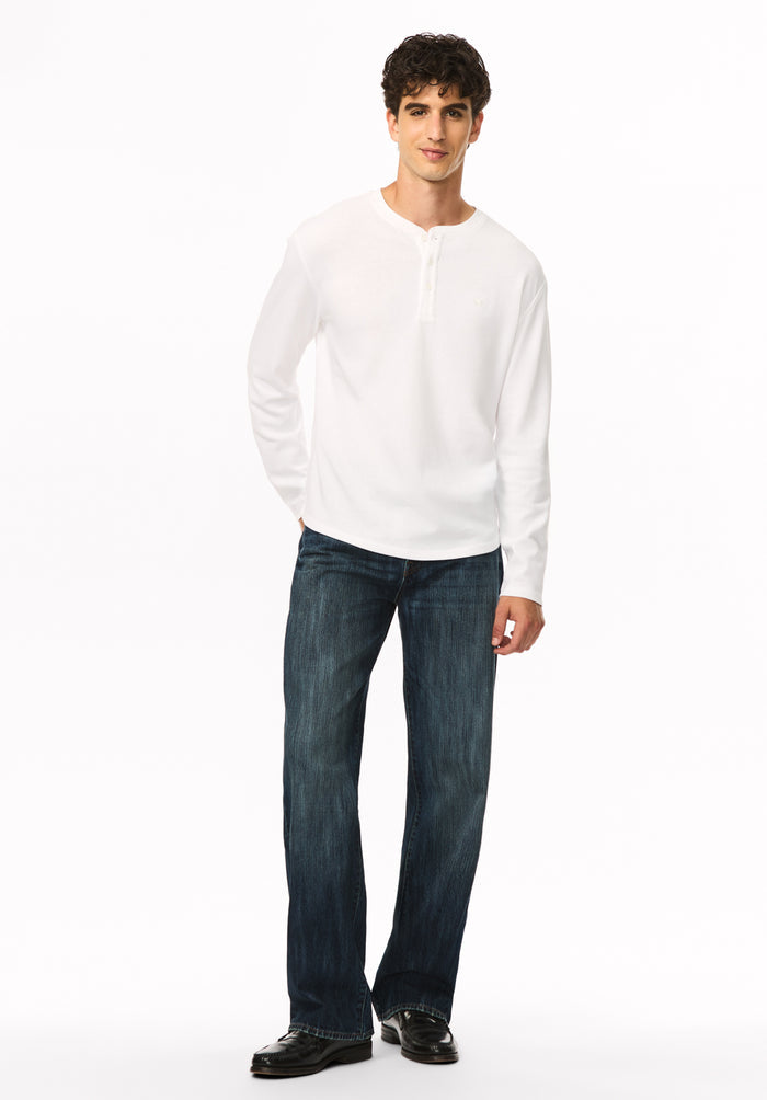 Kambo Men's Ribbed Long Sleeve Henley, White - BM24974