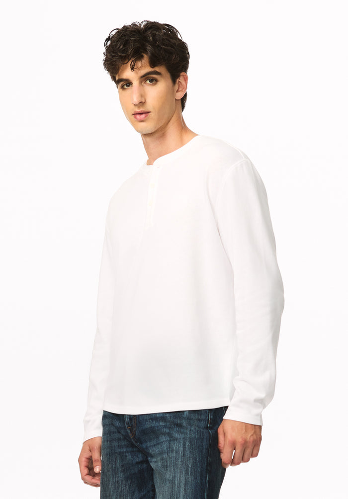 Kambo Men's Ribbed Long Sleeve Henley, White - BM24974