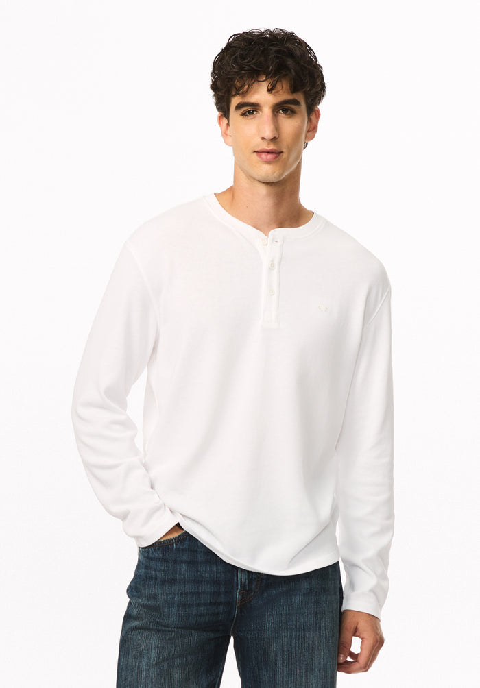 Kambo Men's Ribbed Long Sleeve Henley, White - BM24974