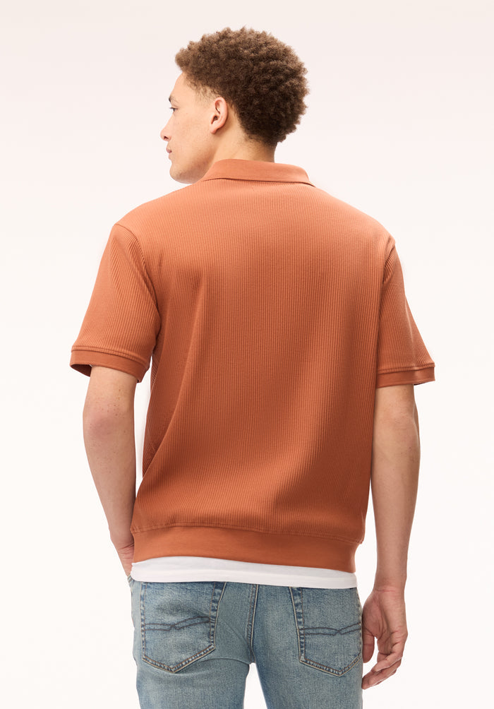 Buffalo Men Tops Brown Knit Knit Short Sleeve Textured Knit Open Collar