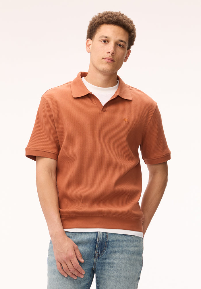 Buffalo Men Tops Brown Knit Knit Short Sleeve Textured Knit Open Collar