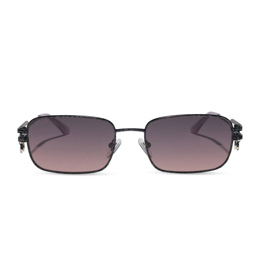 diff eyewear x practical magic featuring the kylie rectangle sunglasses with a gunmetal frame and mauve lenses front view