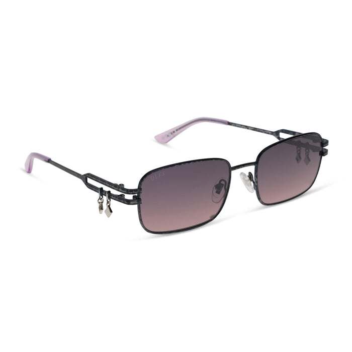 diff eyewear x practical magic featuring the kylie rectangle sunglasses with a gunmetal frame and mauve lenses angled view