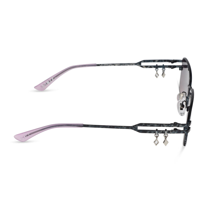 diff eyewear x practical magic featuring the kylie rectangle sunglasses with a gunmetal frame and mauve lenses side view