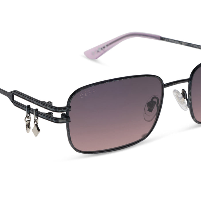diff eyewear x practical magic featuring the kylie rectangle sunglasses with a gunmetal frame and mauve lenses detailed view
