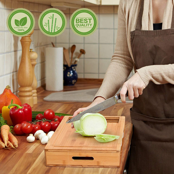 Large Bamboo Cutting Board and 4 Containers with Mobile Holder gift included for Home Kitchen -Home Living Store - -