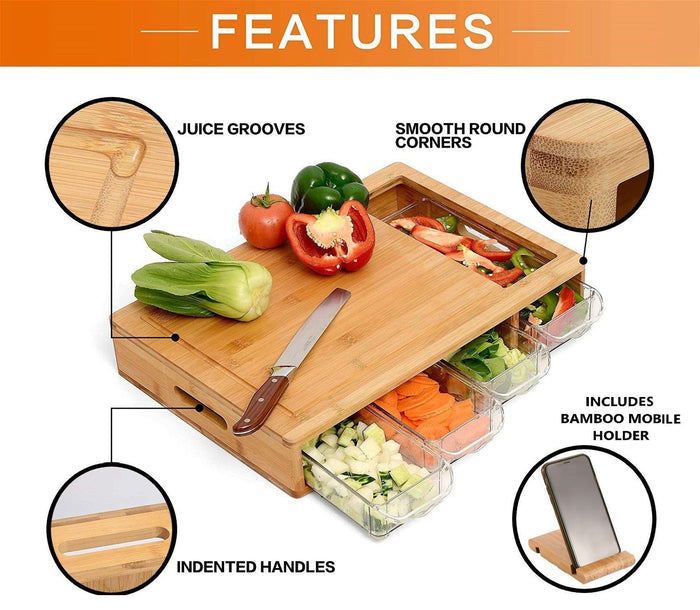 Large Bamboo Cutting Board and 4 Containers with Mobile Holder gift included for Home Kitchen -Home Living Store - -