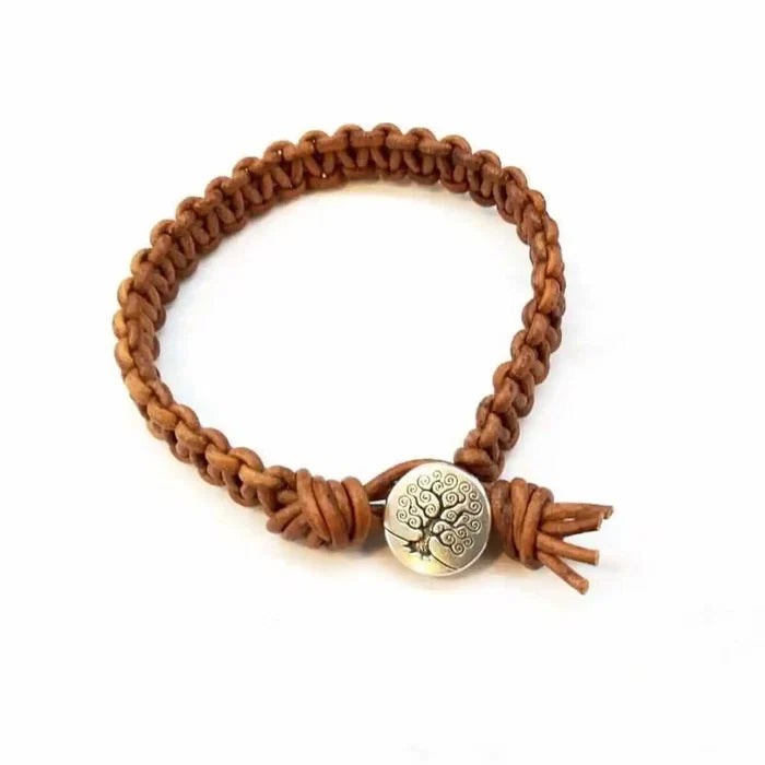 Large Mens Tree of Life Earth Color Macrame Leather Bracelet on a white background.
