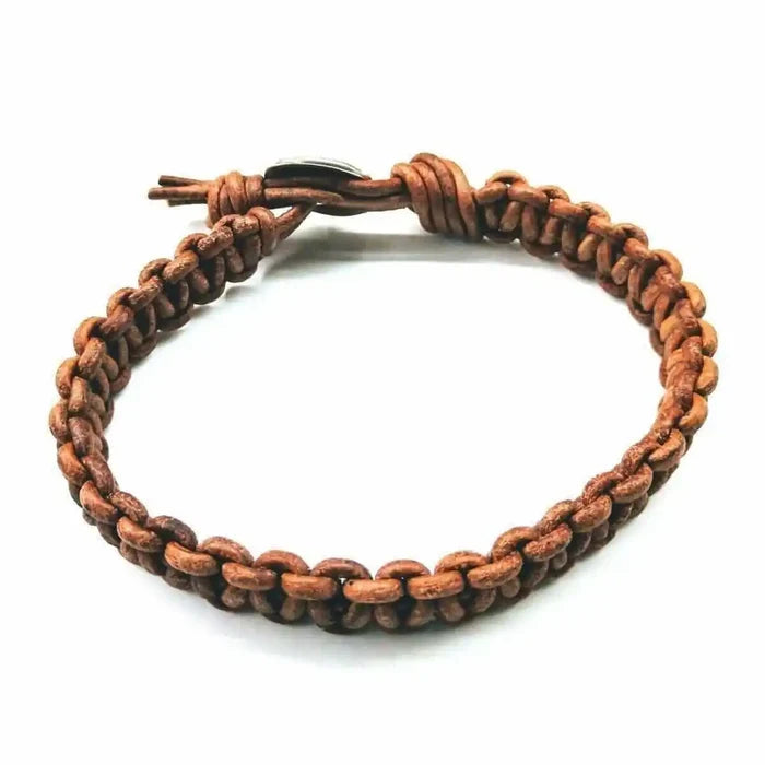 Large Mens Tree of Life Earth Color Macrame Leather Bracelet on display with intricate brown macrame detailing.