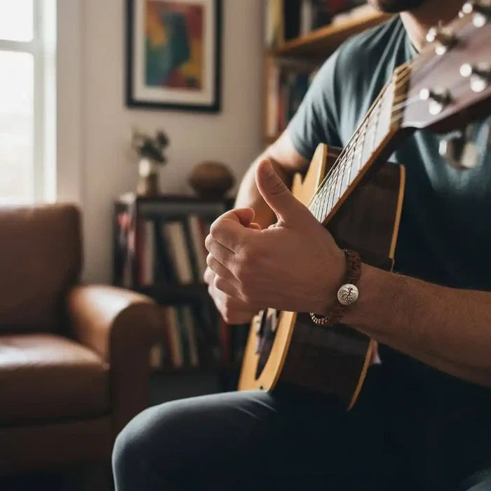 Large Mens Tree of Life Earth Color Macrame Leather Bracelet worn while playing guitar in a cozy living room.