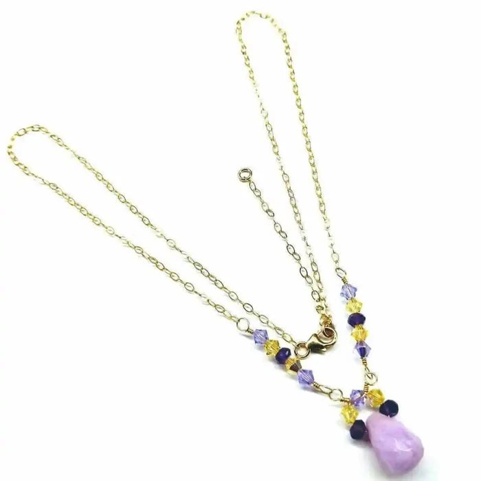 Lavender Candy Jade Drop Gold Wire Wrapped Necklace featuring lavender-pink candy jade teardrop and Swarovski crystals.