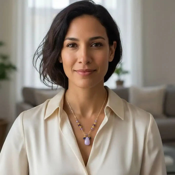 Model wearing Lavender Candy Jade Drop Gold Wire Wrapped Necklace showcasing lavender-pink candy jade and Swarovski crystals.