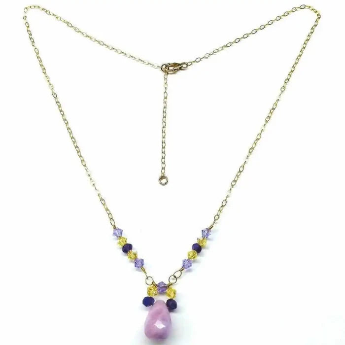 Lavender Candy Jade Drop Gold Wire Wrapped Necklace featuring purple Swarovski crystals and a lavender jade pendant.