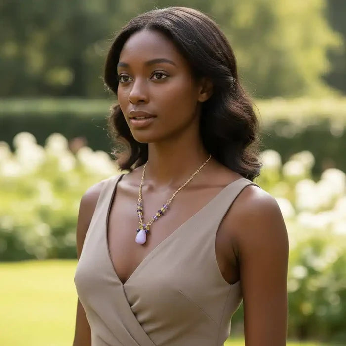 Model wearing Lavender Candy Jade Drop Gold Wire Wrapped Necklace in a natural outdoor setting.