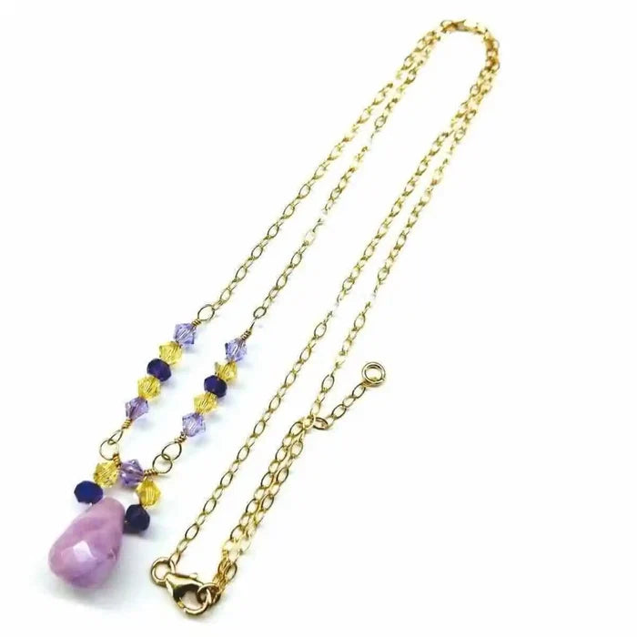 Lavender Candy Jade Drop Gold Wire Wrapped Necklace featuring lavender candy jade and Swarovski crystals.