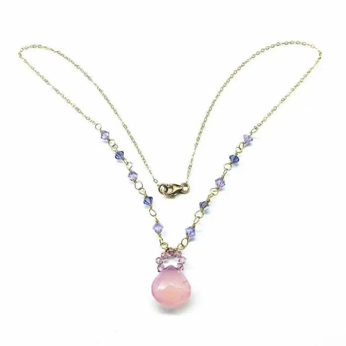 Purple Chalcedony Drop 14 KT Gold Filled Gemstone Necklace featuring lavender chalcedony drops and Swarovski crystals.