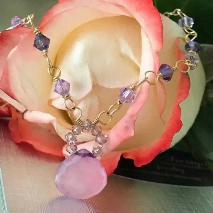 Purple Chalcedony Drop 14 KT Gold Filled Gemstone Necklace with lavender drops and Swarovski crystals.