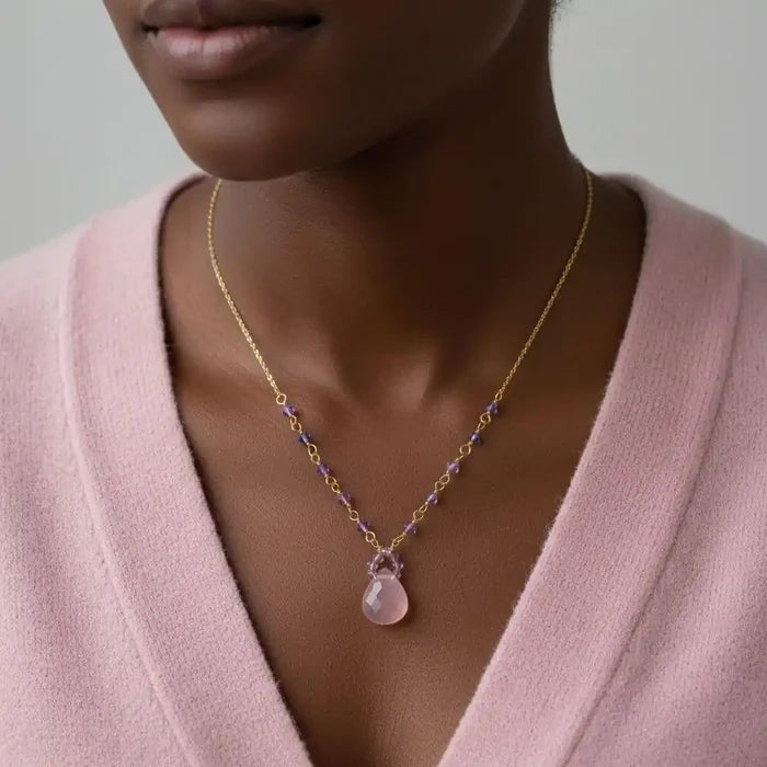 Purple Chalcedony Drop 14 KT Gold Filled Gemstone Necklace worn with a soft pink sweater, featuring lavender chalcedony and Swarovski crystals.