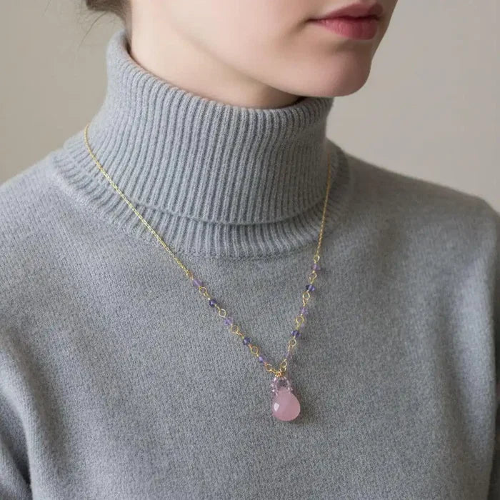 Purple Chalcedony Drop 14 KT Gold Filled Gemstone Necklace worn by a model with a turtleneck sweater.