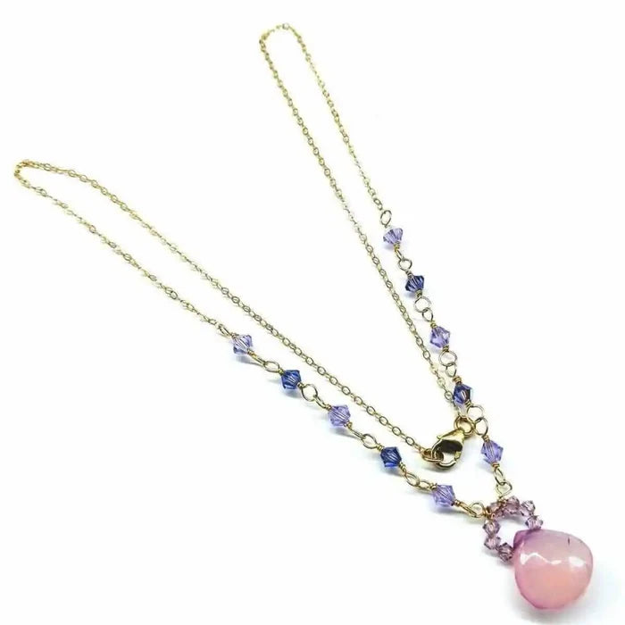Purple Chalcedony Drop 14 KT Gold Filled Gemstone Necklace with lavender drops and Swarovski crystals.