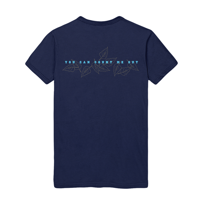 Navy blue Bane Hammer t-shirt with an outline of leaves and “YOU CAN COUNT ME OUT” in light blue caps across the upper back—an iconic design for those who stand out.