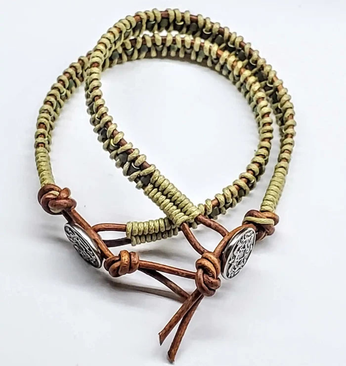 Leather Seed Bead Rattlesnake Tail Weave Bracelet showcasing intricate two-tone leather design.
