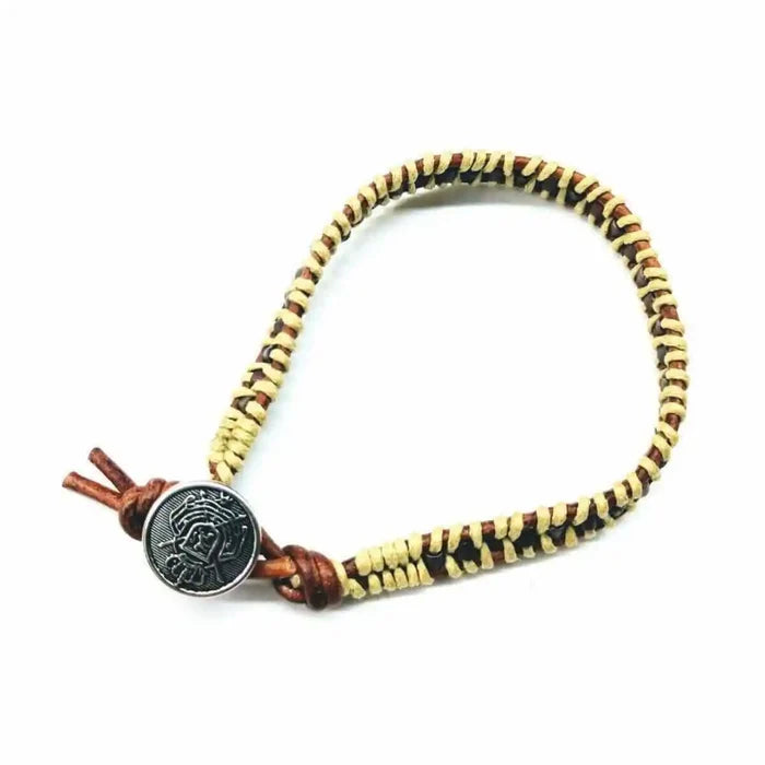 Leather Seed Bead Rattlesnake Tail Weave Bracelet showcasing intricate leatherwork and rustic design.