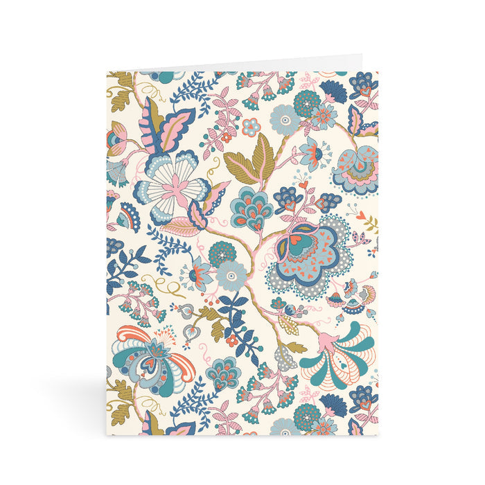 A notecard from the Liberty Floral Greeting Assortment Notecard Set Volume 2 by Liberty of London Ltd, featuring intricate blue, pink, gold, and teal floral patterns with stylized flowers, leaves, and vines on a white background.