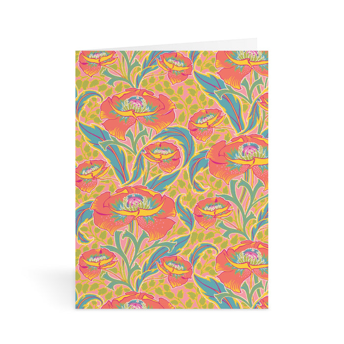 The Liberty Floral Greeting Assortment Notecard Set Volume 2 by Liberty of London Ltd features vibrant notecards with bold red and orange flowers, green leaves, and a yellow background—perfect for any occasion.