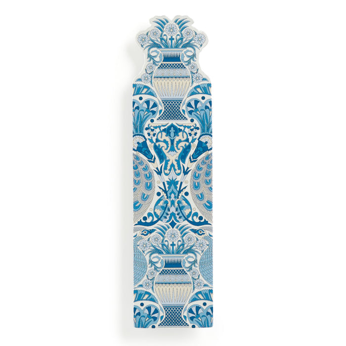 The Liberty Oscars Palace Shaped Bookmark by Liberty of London Ltd features ornate blue and white patterns with vases, floral motifs, and symmetrical elements, plus a scalloped top edge inspired by the iconic Liberty Oscars Palace print.