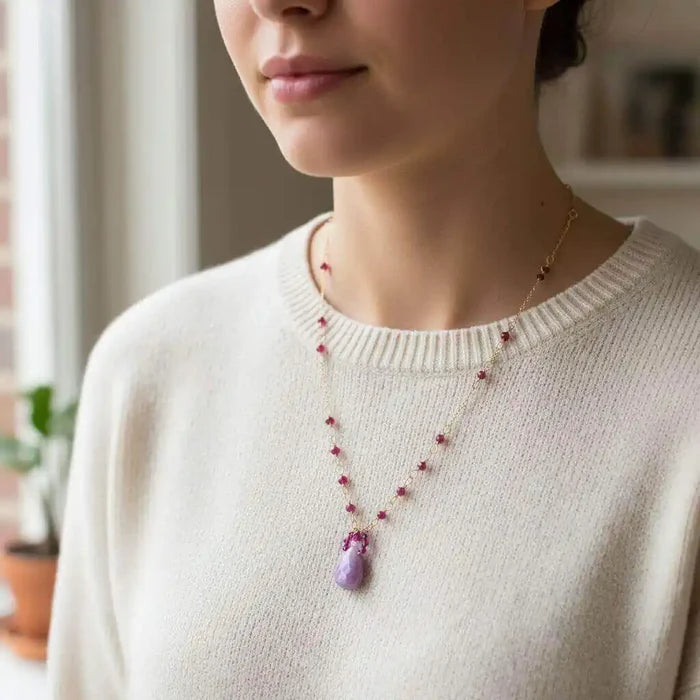 Lilac Jade Drop Gemstone Wire Wrapped Gold Filled Necklace displayed on a model wearing a cozy sweater.