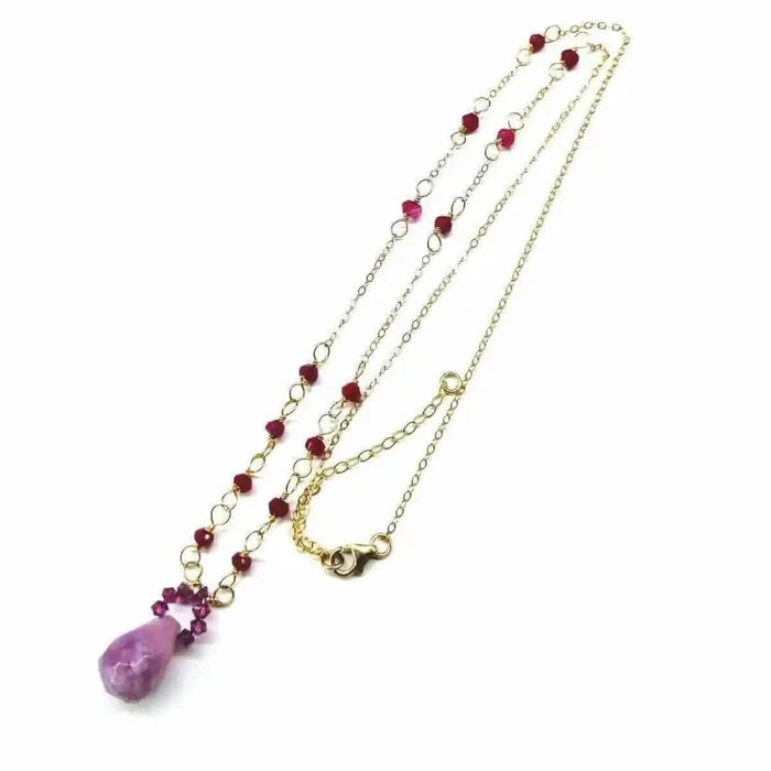 Lilac Jade Drop Gemstone Wire Wrapped Gold Filled Necklace showcasing lavender gem with gold chain and red accents.