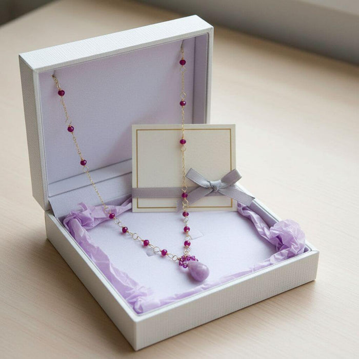 Lilac Jade Drop Gemstone Wire Wrapped Gold Filled Necklace elegantly displayed in a gift box with lavender packaging.
