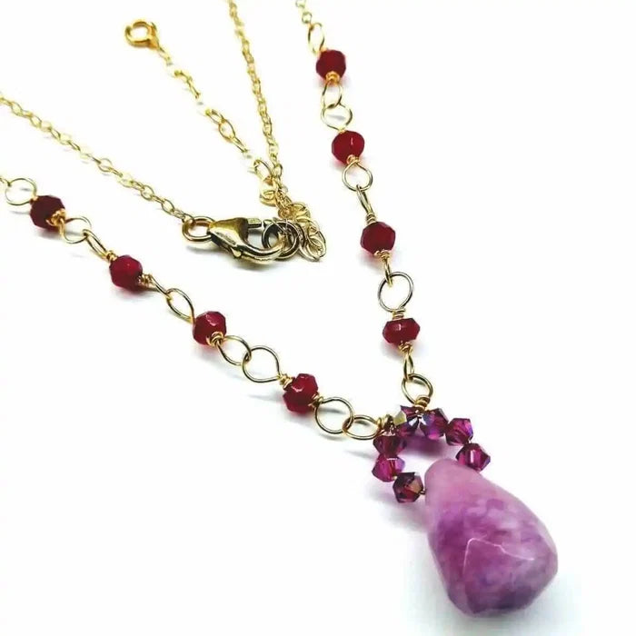 Lilac Jade Drop Gemstone Wire Wrapped Gold Filled Necklace featuring lavender and red beads handcrafted elegance.