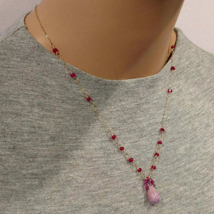 Lilac Jade Drop Gemstone Wire Wrapped Gold Filled Necklace worn on a model showcasing its elegance and unique craftsmanship.