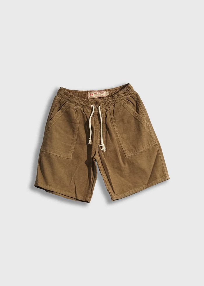 Men’s 14 wale corduroy shorts with garment dyed and triple washed finish, elastic waistband with drawstring and patch pockets, durable workwear inspired short with relaxed fit and 9 inch inseam