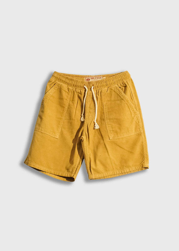Men’s 14 wale corduroy shorts with garment dyed and triple washed finish, elastic waistband with drawstring and patch pockets, durable workwear inspired short with relaxed fit and 9 inch inseam