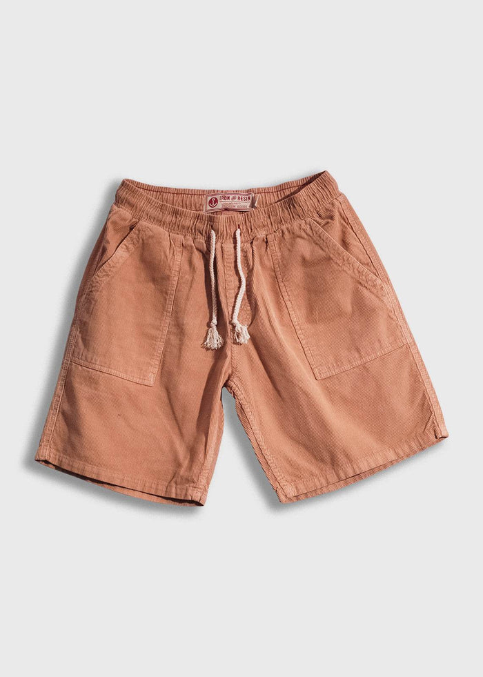 Men’s 14 wale corduroy shorts with garment dyed and triple washed finish, elastic waistband with drawstring and patch pockets, durable workwear inspired short with relaxed fit and 9 inch inseam