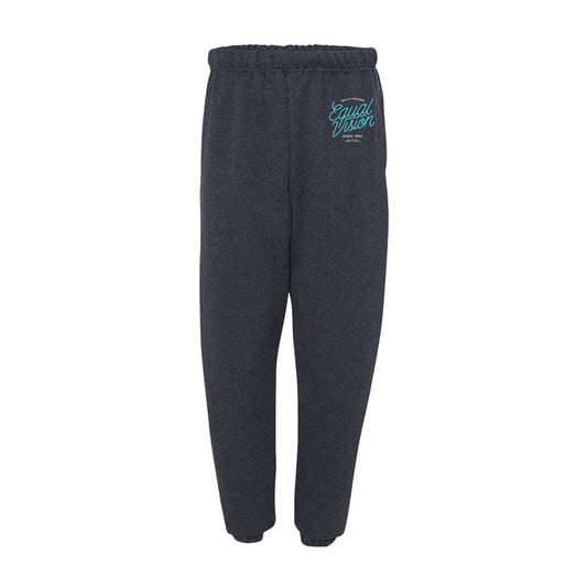 Dark gray sweatpants against white background. Equal Vision logo is printed in teal and white in upper right corner of pants.