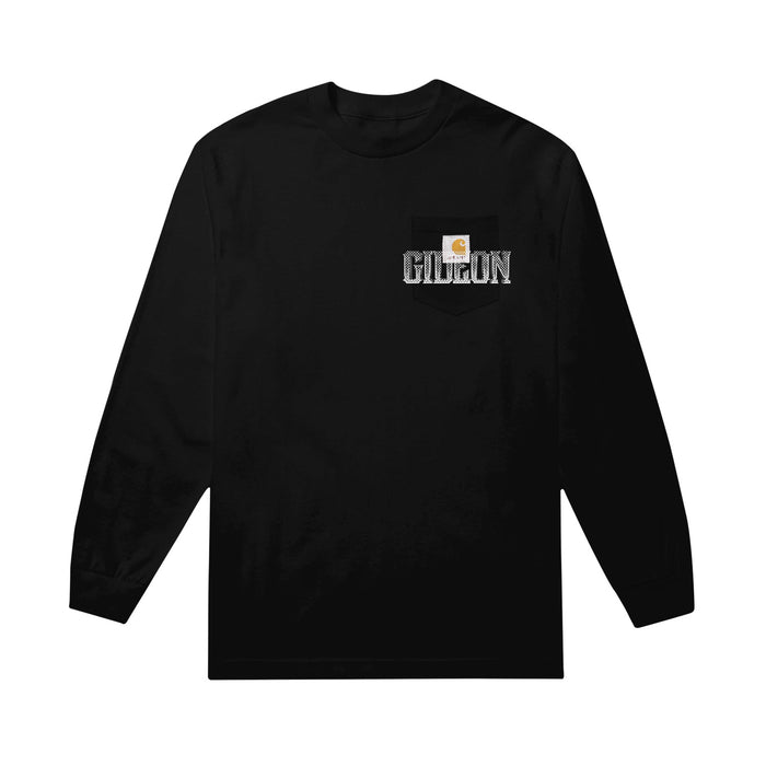 Black long-sleeve pocket shirt with "GIDEON" printed on pocket in white.
