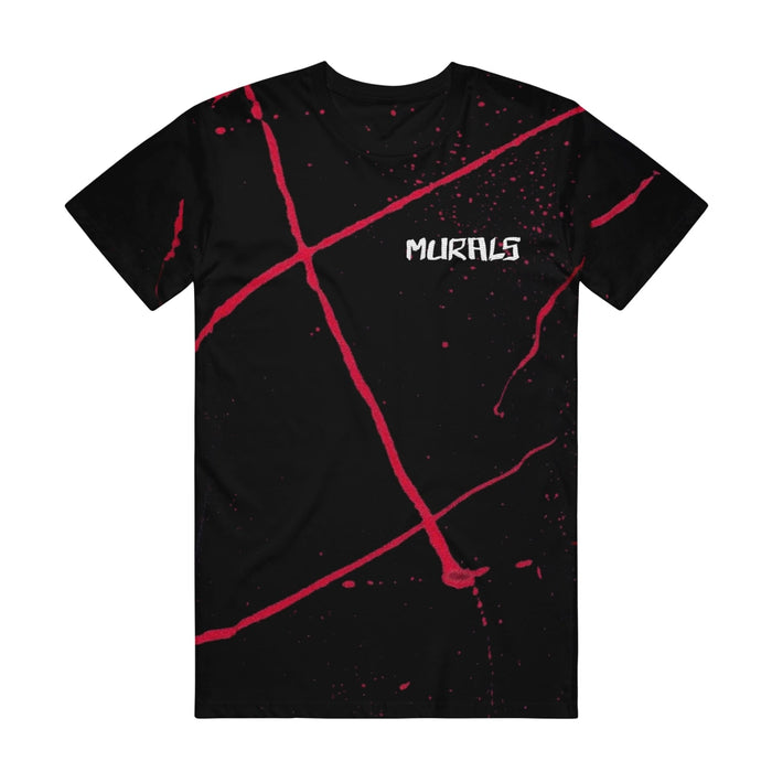A Murals Heavy Cotton black T-shirt with red abstract splatter and diagonal streaks, featuring the Murals logo embroidered and MURALS printed in white on the upper left chest.